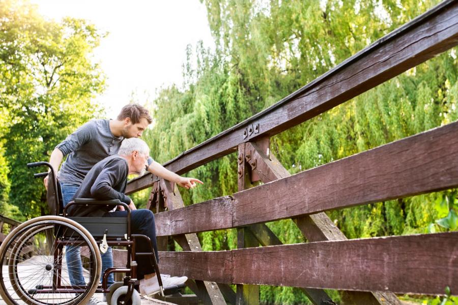 Momento di cura e condivisione tra due persone su un ponte di legno immerso nel verde. Un uomo più anziano è seduto su una sedia a rotelle, mentre un uomo più giovane — probabilmente un familiare, amico o caregiver — è accanto a lui, piegato in avanti, e insieme indicano qualcosa al di là del parapetto del ponte.