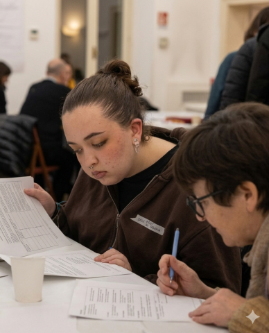 Ov seduta a un tavolo che analizza alcuni documenti durante un incontro pubblico